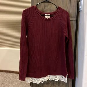 Maroon sweater with lace feature, size medium